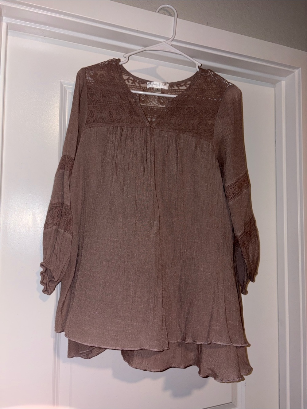 Studio JPR Boho Lace Yoke Tunic Top in Brown